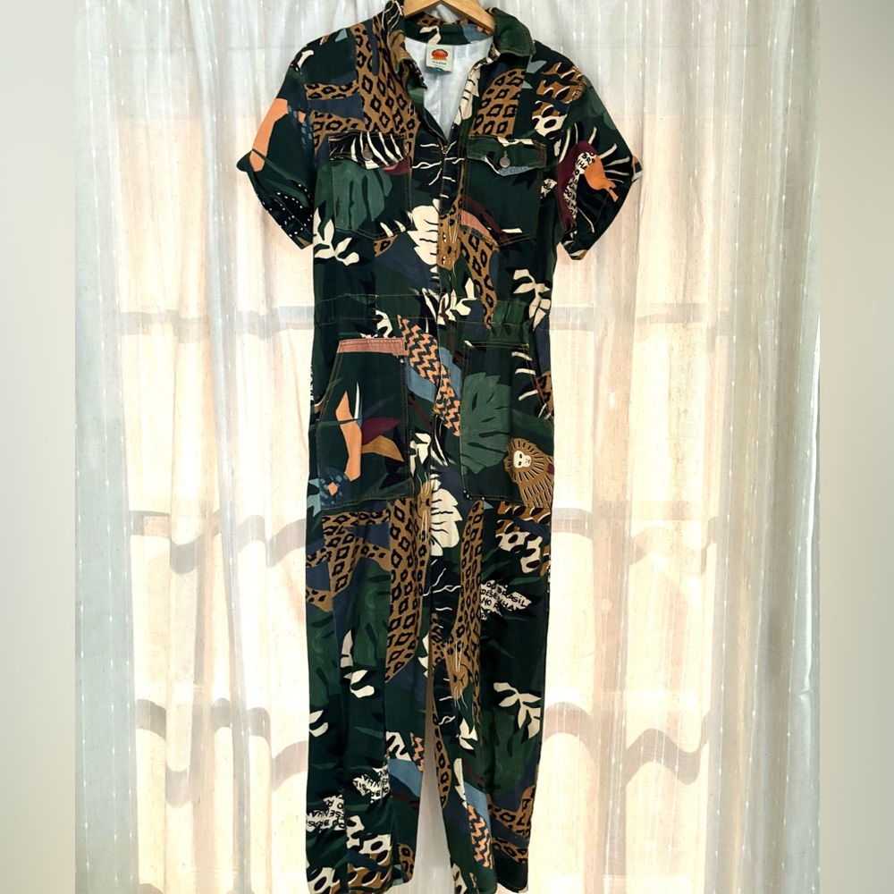 Farm Rio JUNGLE denim jumpsuit boiler X LARGE floral jungaliatic